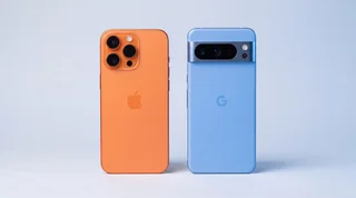 A refurbished iPhone, Google Pixel and Apple Watch lined up on the wet edge of a pool with water droplets on their screens